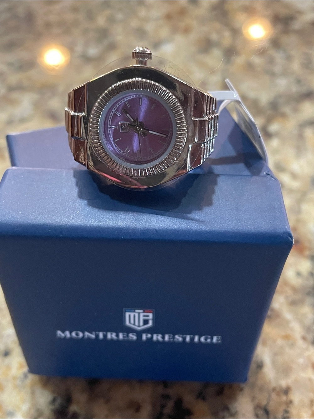 Montres Prestige Women's Silver Watch Ring with Purple Dial